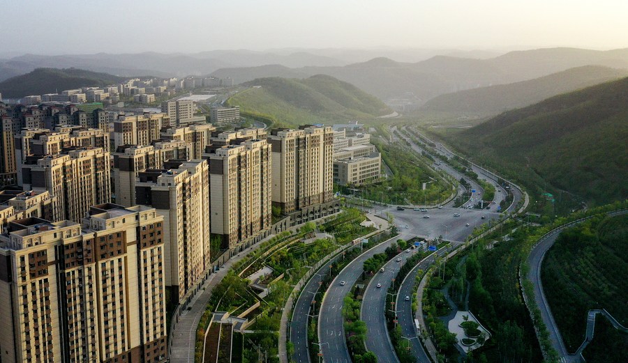 Aerial view of Ansai District of Yan'an, NW China's Shaanxi - Xinhua