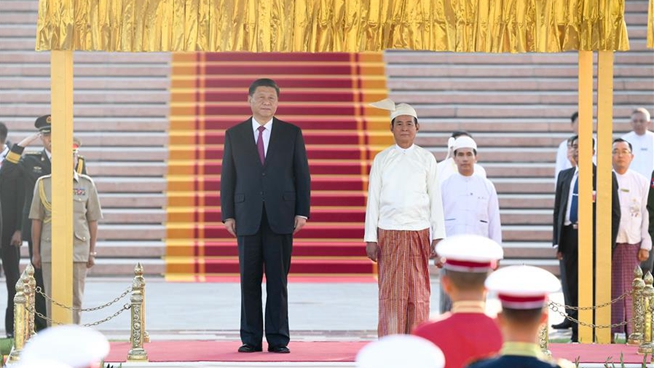 President Xi Jinping attends grand welcome ceremony in Myanmar