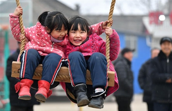Villagers play on swing as tradition to greet upcoming Spring Festival in NW China