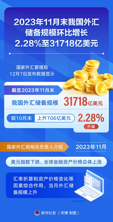 11月末我国外汇储备规模环比增长2.28%至31718亿美元