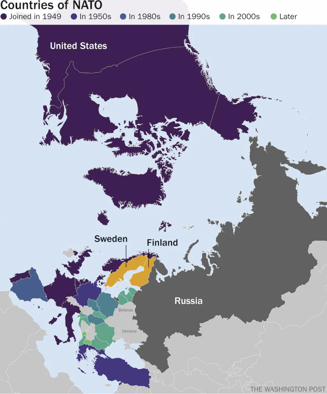 北约成员国示意图。不同颜色代表北约东扩的不同阶段。《华盛顿邮报》 图